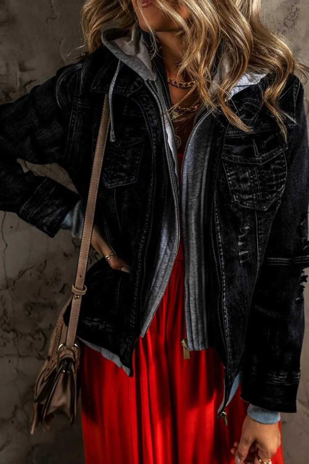 New Dear-Lover Fake Two-Piece Hooded Zip-Up Denim Jacket Black