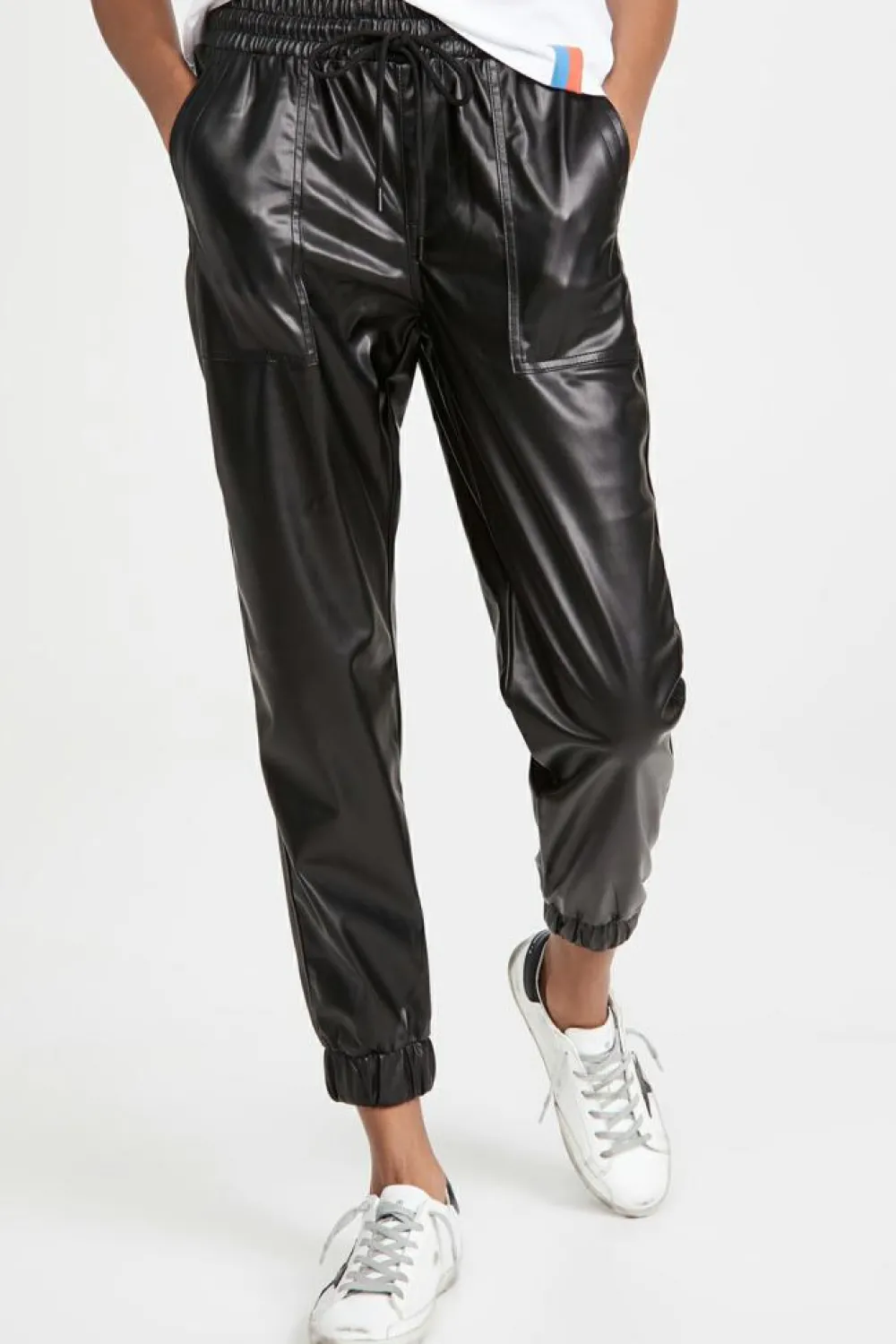 Discount Dear-Lover Faux Leather Ankle Smocked Waist Drawstring Joggers Black