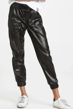 Discount Dear-Lover Faux Leather Ankle Smocked Waist Drawstring Joggers Black