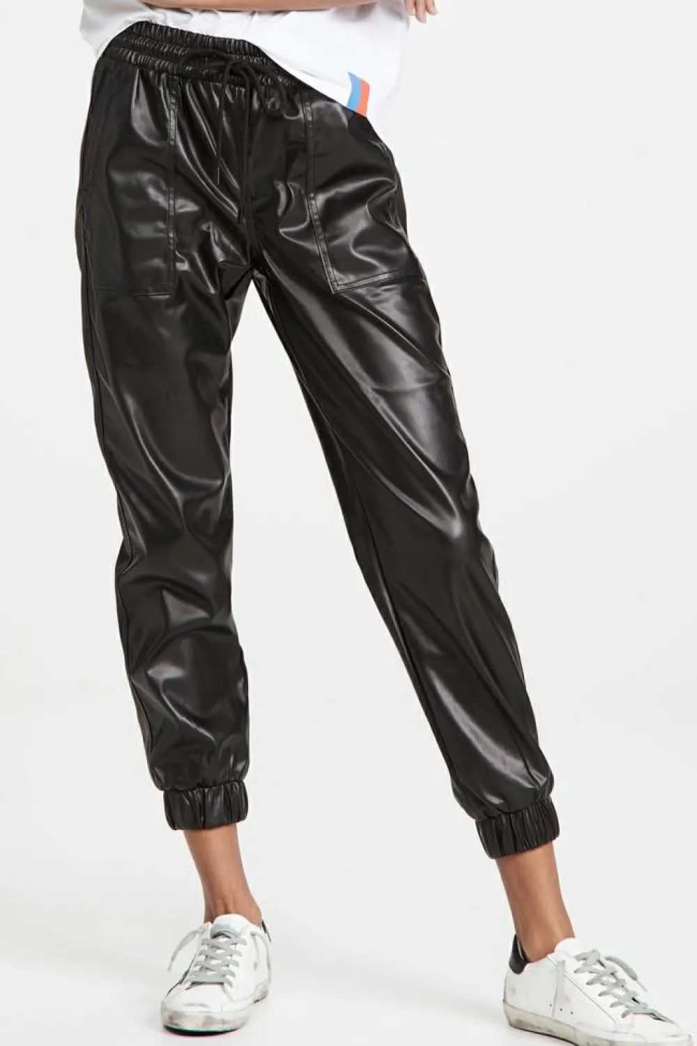 Discount Dear-Lover Faux Leather Ankle Smocked Waist Drawstring Joggers Black