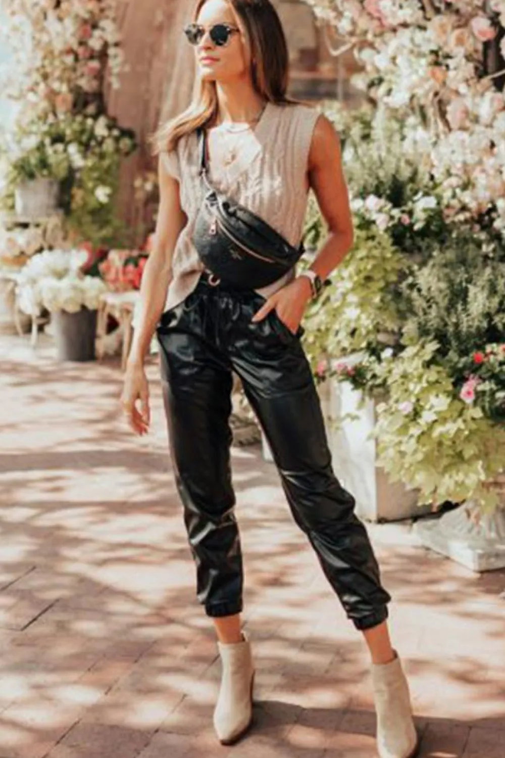 Discount Dear-Lover Faux Leather Ankle Smocked Waist Drawstring Joggers Black