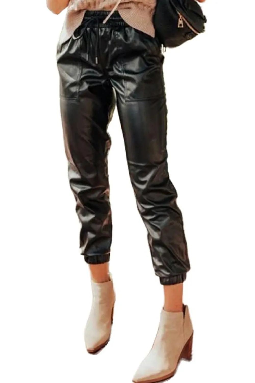 Discount Dear-Lover Faux Leather Ankle Smocked Waist Drawstring Joggers Black