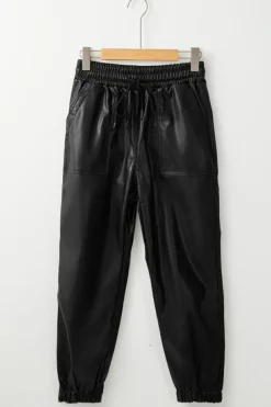 Discount Dear-Lover Faux Leather Ankle Smocked Waist Drawstring Joggers Black