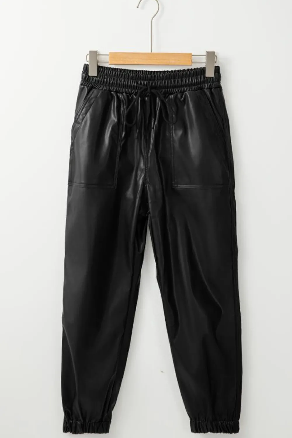 Discount Dear-Lover Faux Leather Ankle Smocked Waist Drawstring Joggers Black