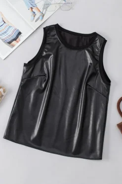 Hot Dear-Lover Faux Leather Crew Neck Tank Top Black