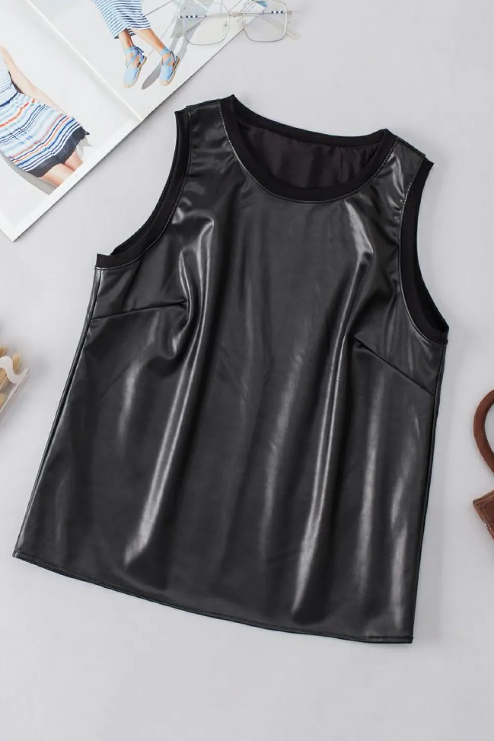 Hot Dear-Lover Faux Leather Crew Neck Tank Top Black