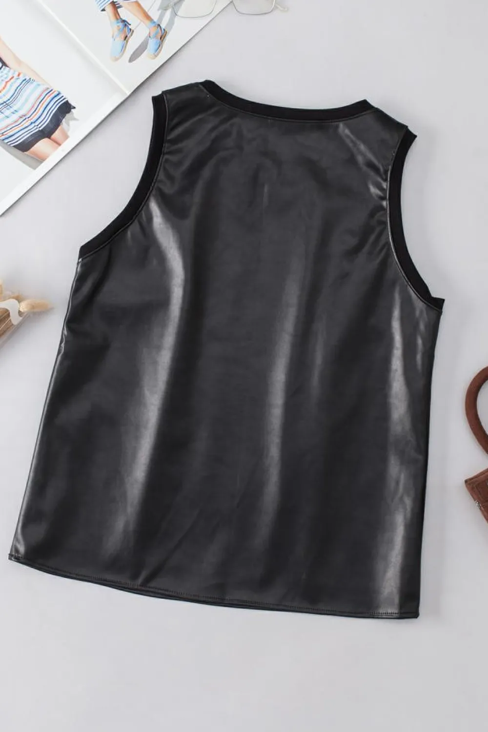 Hot Dear-Lover Faux Leather Crew Neck Tank Top Black