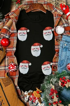 Outlet Dear-Lover Faux Sequin Christmas Claus Pattern Crewneck T Shirt Black