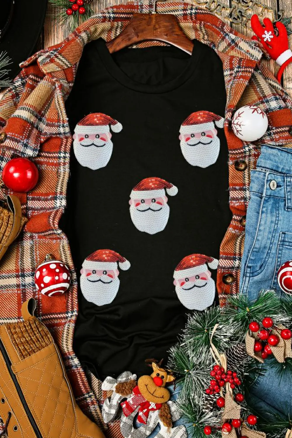 Outlet Dear-Lover Faux Sequin Christmas Claus Pattern Crewneck T Shirt Black