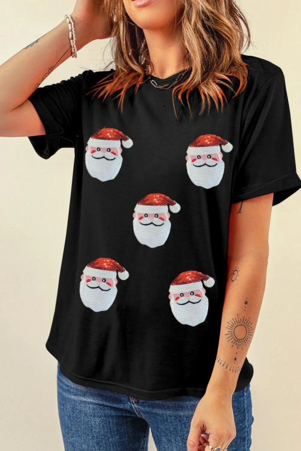Outlet Dear-Lover Faux Sequin Christmas Claus Pattern Crewneck T Shirt Black