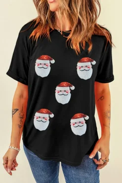 Outlet Dear-Lover Faux Sequin Christmas Claus Pattern Crewneck T Shirt Black