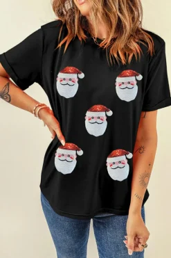 Outlet Dear-Lover Faux Sequin Christmas Claus Pattern Crewneck T Shirt Black