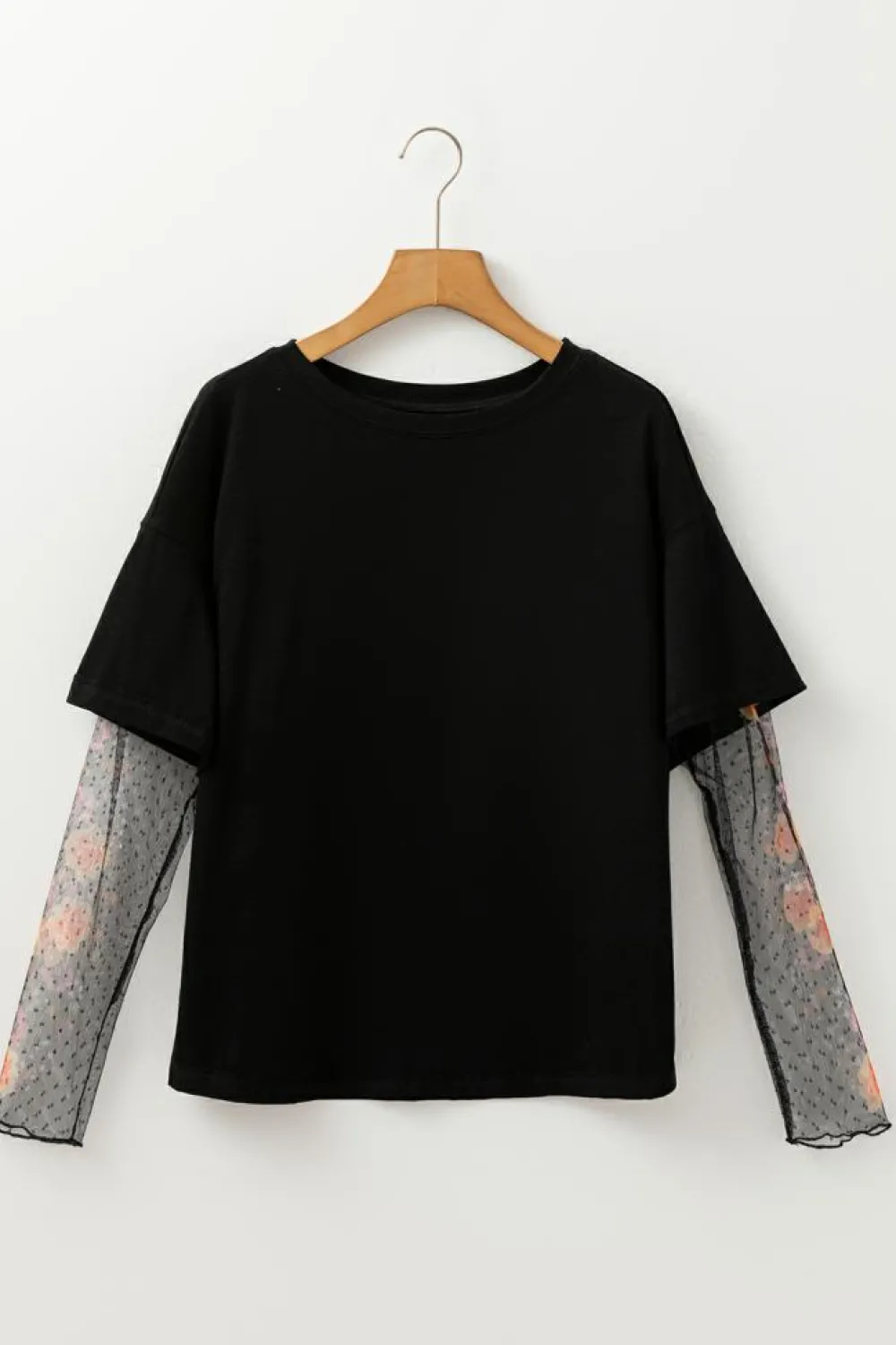 New Dear-Lover Faux Two Piece Floral Long Sleeve Patchwork Tee Black