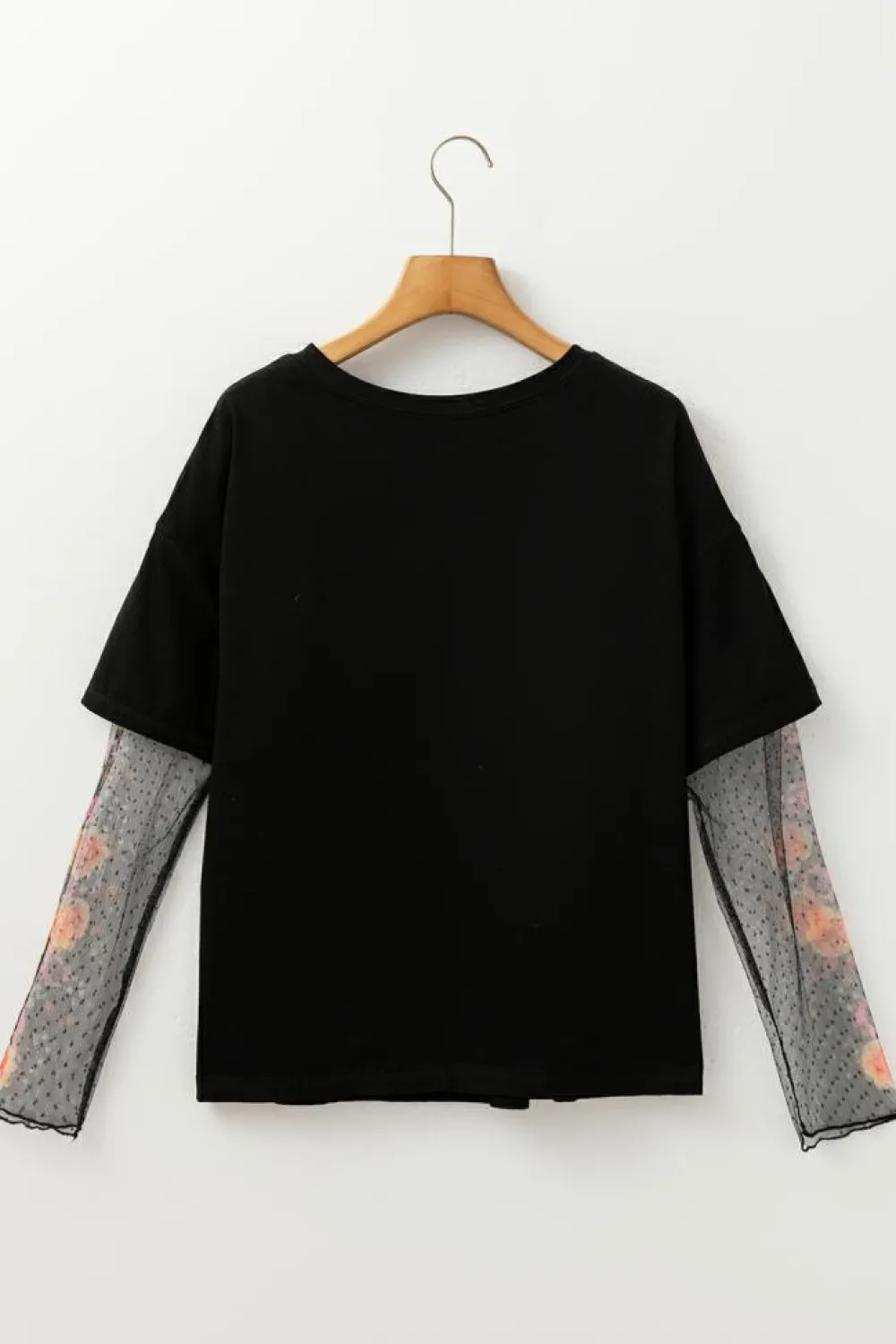 New Dear-Lover Faux Two Piece Floral Long Sleeve Patchwork Tee Black