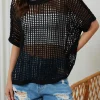 New Dear-Lover Fishnet Knit Ribbed Round Neck Short Sleeve Sweater Tee Black