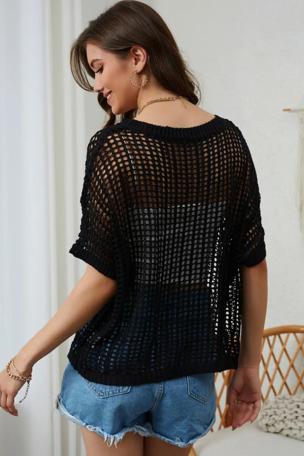 New Dear-Lover Fishnet Knit Ribbed Round Neck Short Sleeve Sweater Tee Black