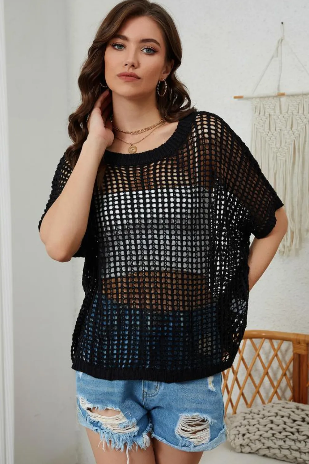 New Dear-Lover Fishnet Knit Ribbed Round Neck Short Sleeve Sweater Tee Black