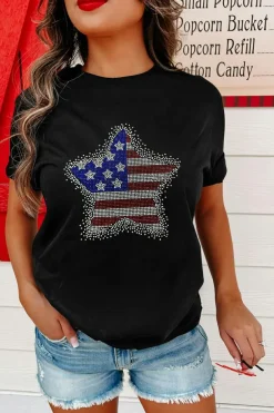 Outlet Dear-Lover Flag Inspired Rhinestone Star Graphic T Shirt Black