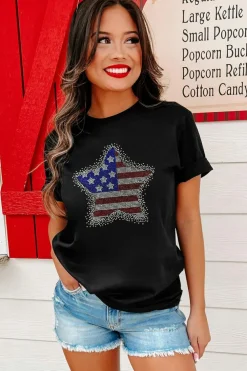 Outlet Dear-Lover Flag Inspired Rhinestone Star Graphic T Shirt Black