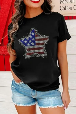 Outlet Dear-Lover Flag Inspired Rhinestone Star Graphic T Shirt Black
