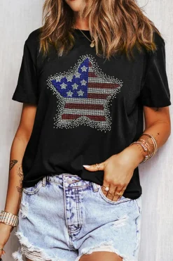 Outlet Dear-Lover Flag Inspired Rhinestone Star Graphic T Shirt Black