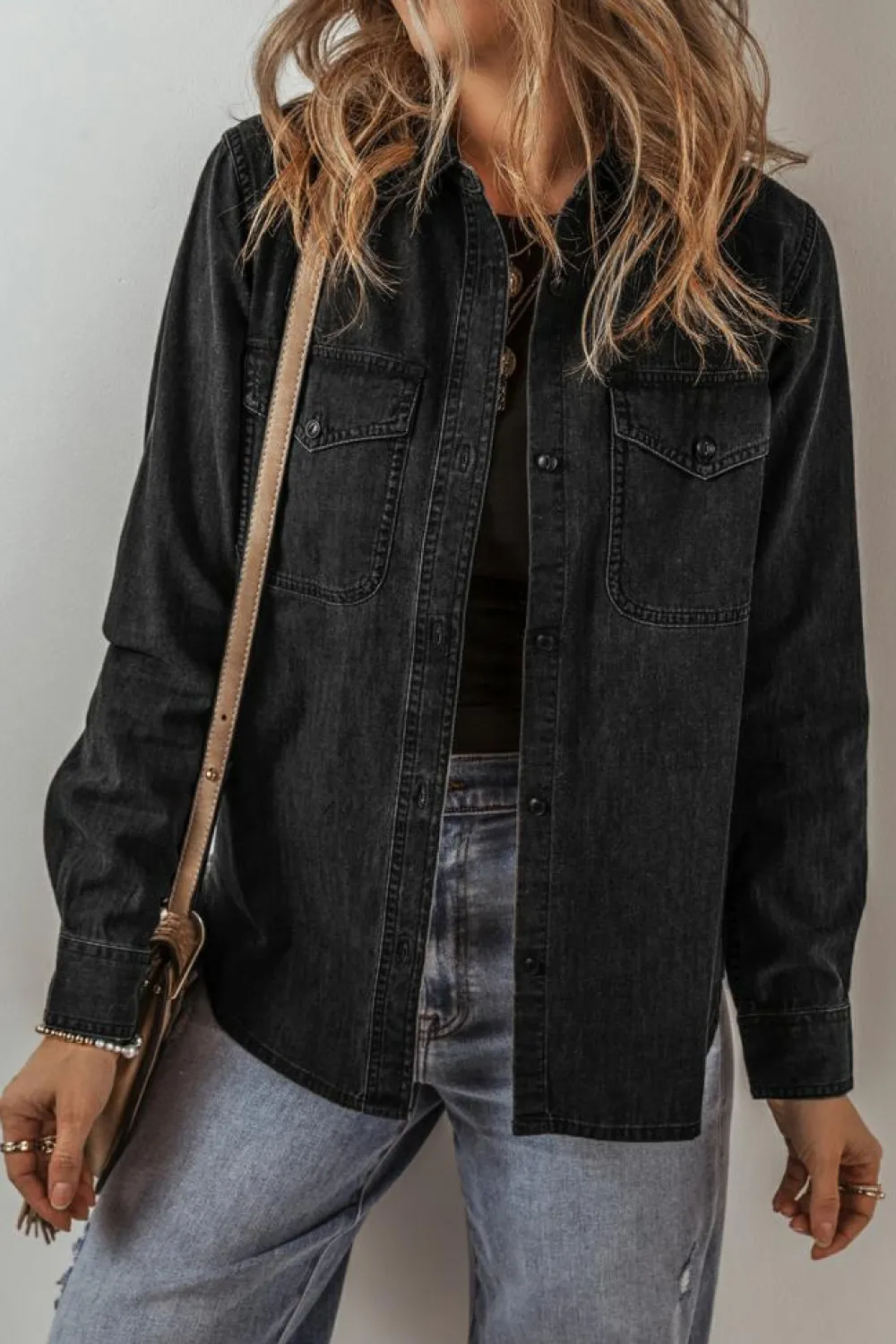 Sale Dear-Lover Flap Pocket Buttons Collared Jean Jacket Black