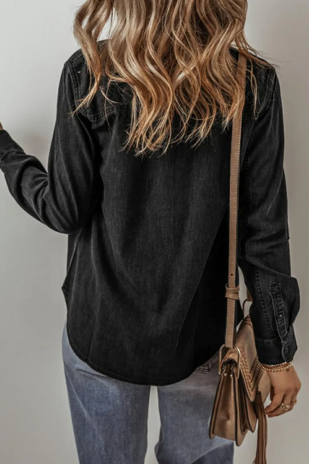 Sale Dear-Lover Flap Pocket Buttons Collared Jean Jacket Black