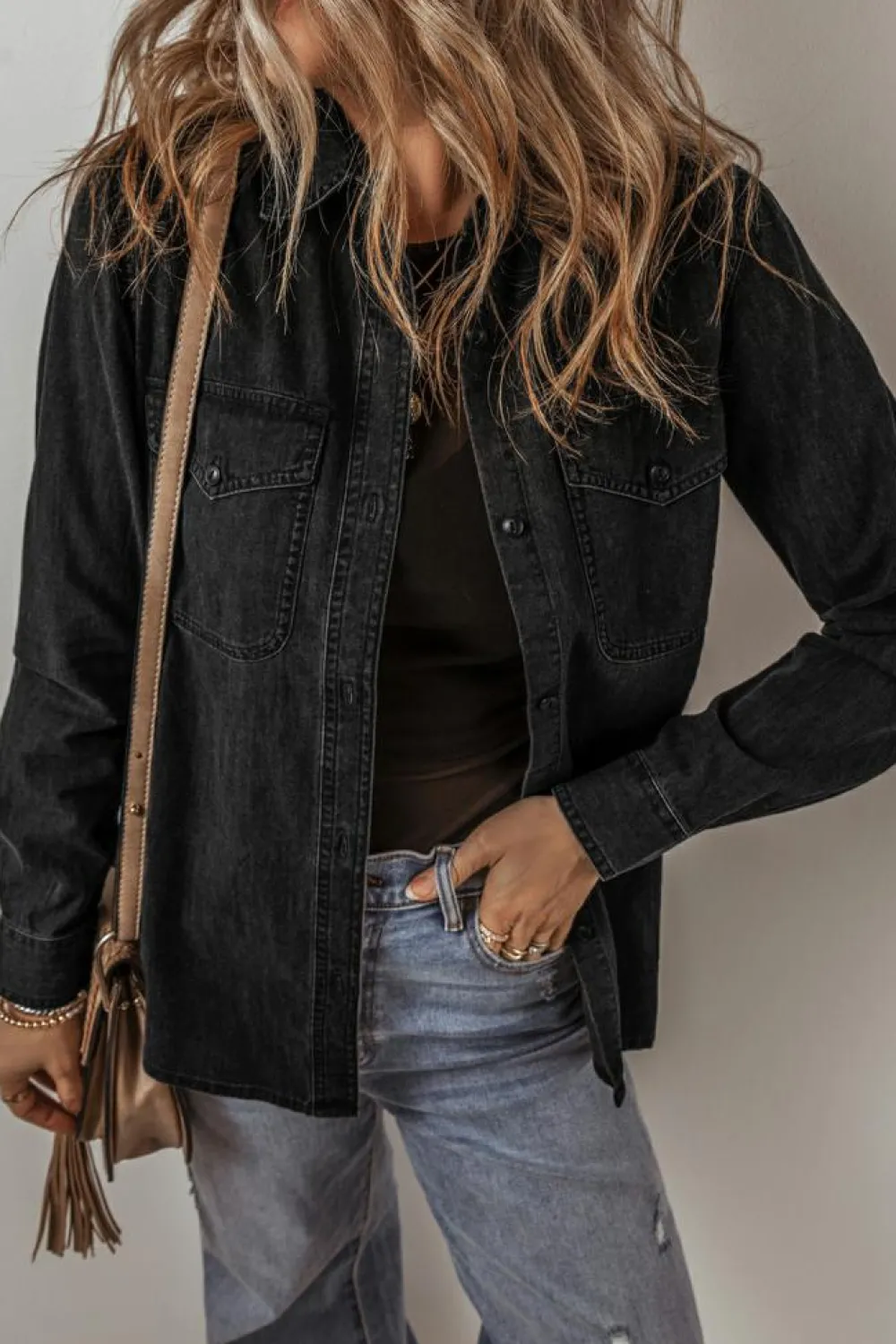 Sale Dear-Lover Flap Pocket Buttons Collared Jean Jacket Black