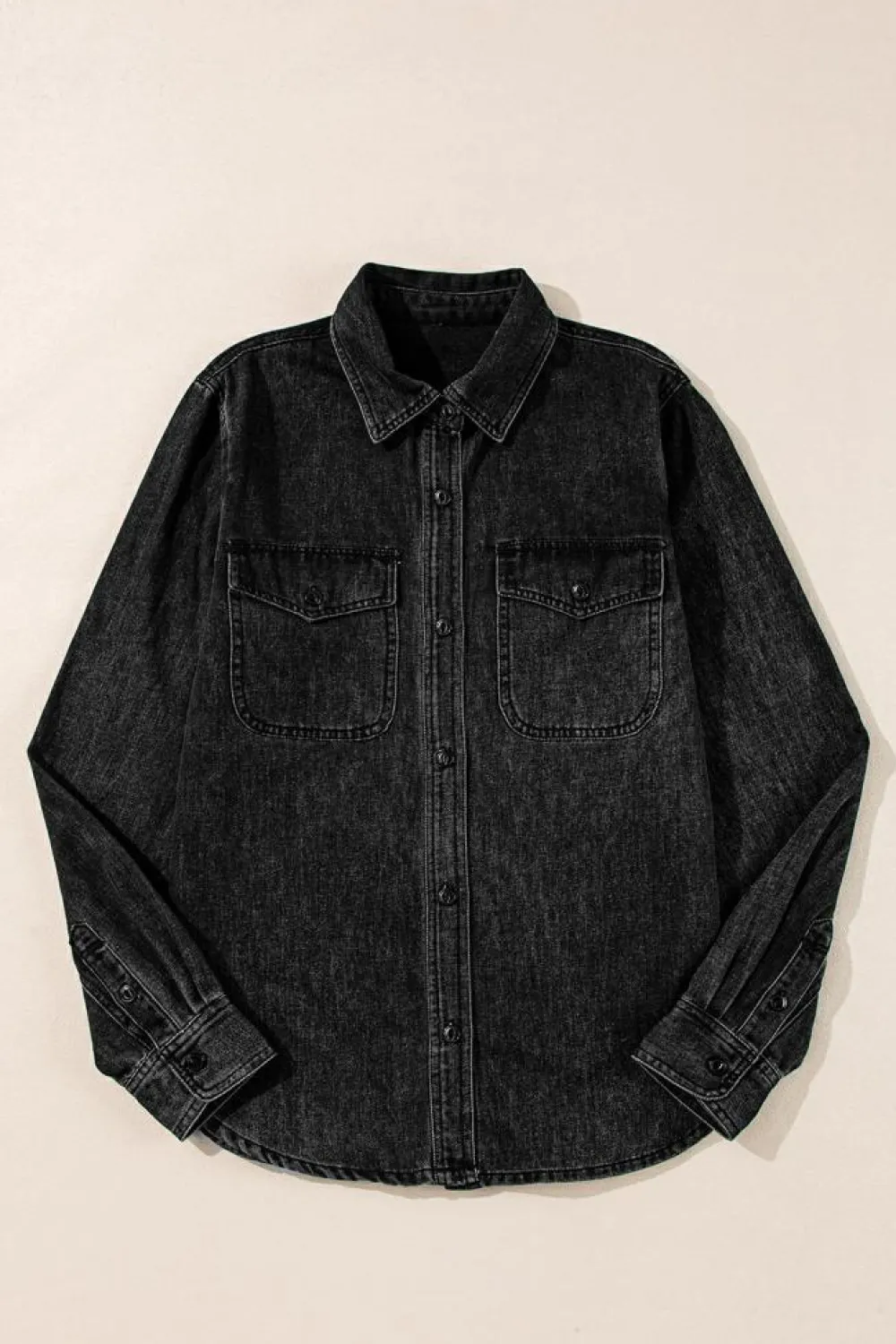 Sale Dear-Lover Flap Pocket Buttons Collared Jean Jacket Black