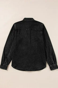 Sale Dear-Lover Flap Pocket Buttons Collared Jean Jacket Black