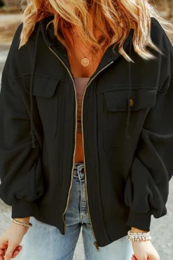 Best Dear-Lover Flap Pocket Drawstring Hood Zip Up Jacket Black