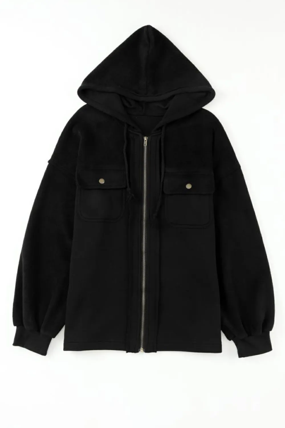 Best Dear-Lover Flap Pocket Drawstring Hood Zip Up Jacket Black