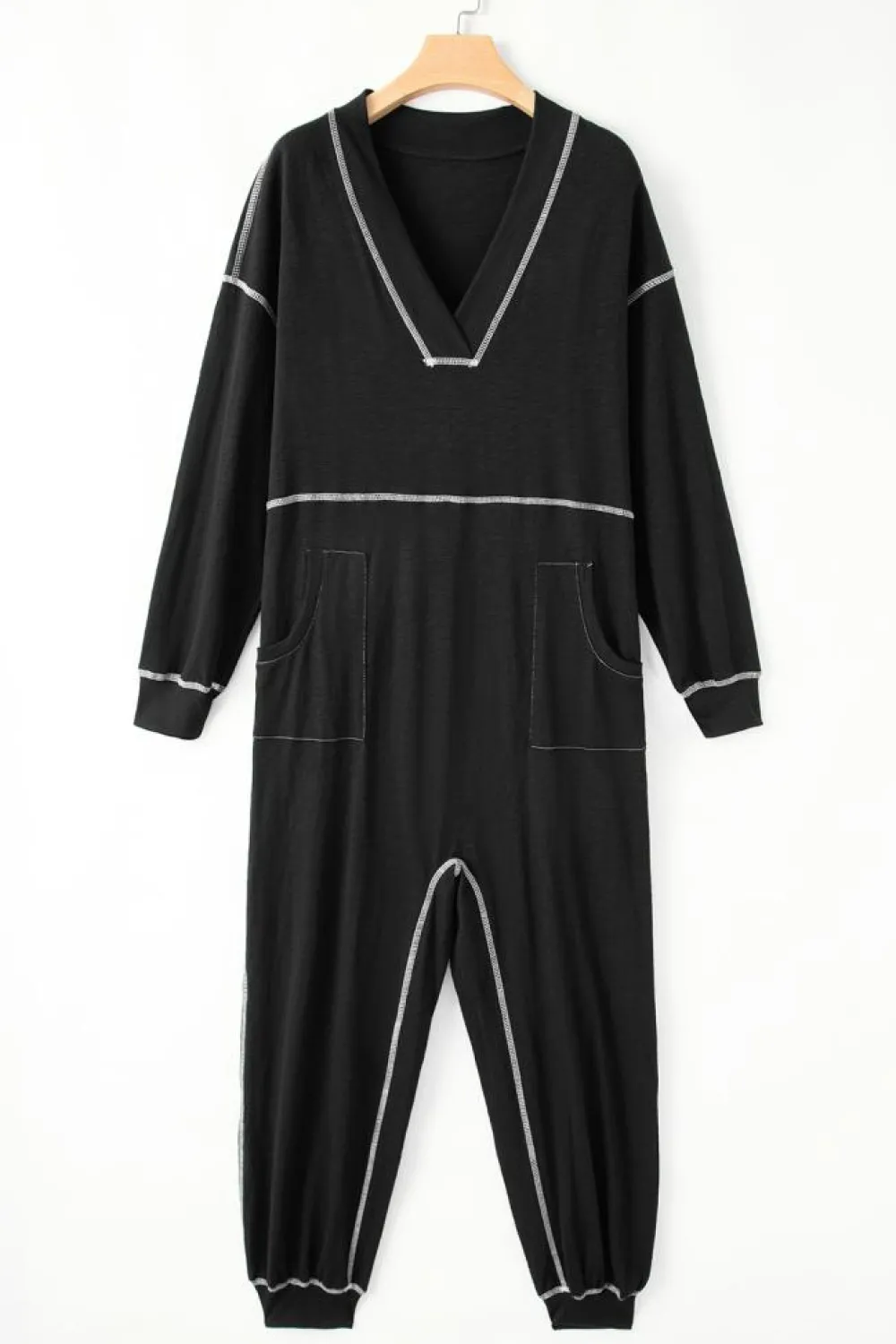 Hot Dear-Lover Flatlock Seam Detail V Neck Baggy Jumpsuit Black