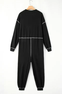 Hot Dear-Lover Flatlock Seam Detail V Neck Baggy Jumpsuit Black
