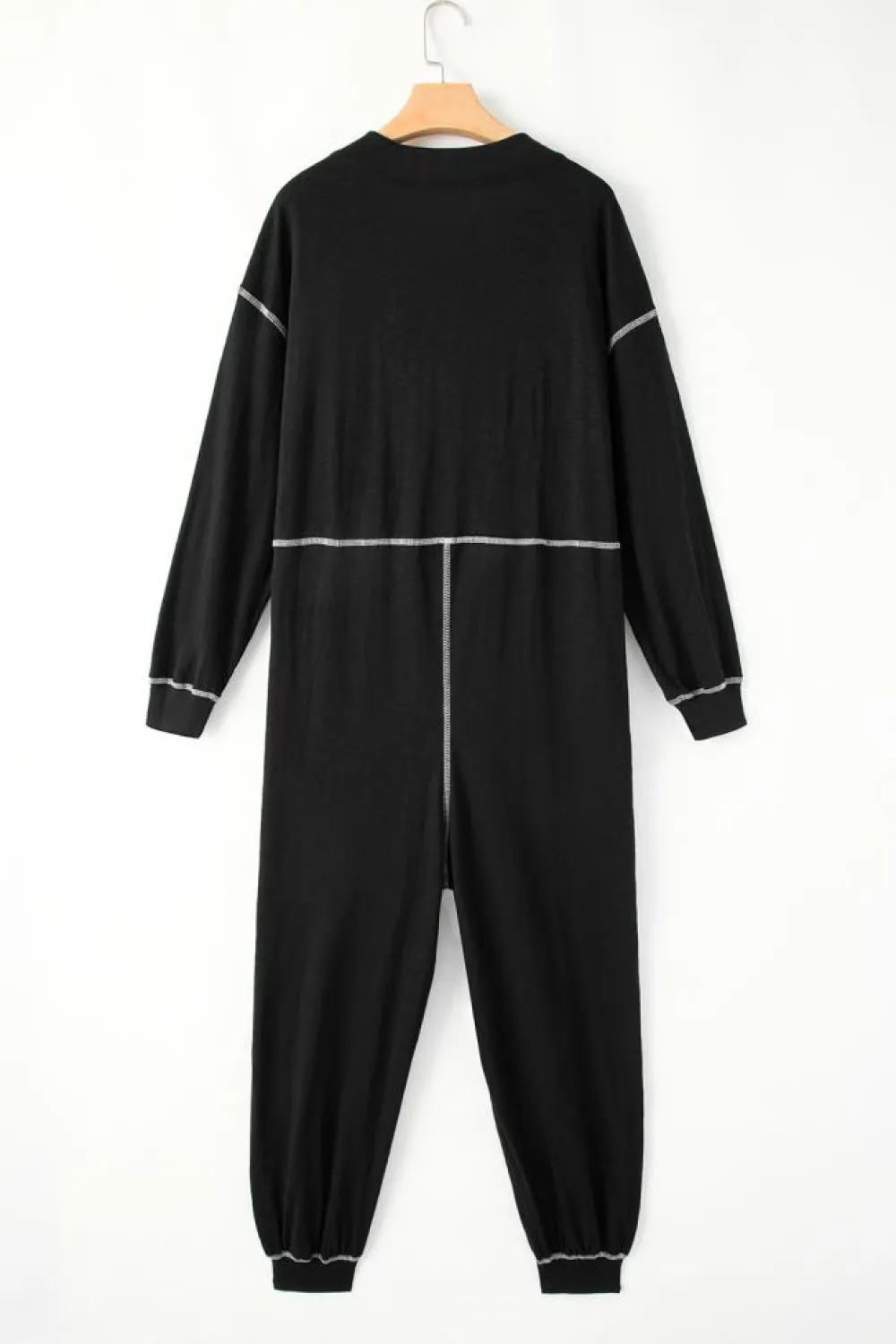 Hot Dear-Lover Flatlock Seam Detail V Neck Baggy Jumpsuit Black