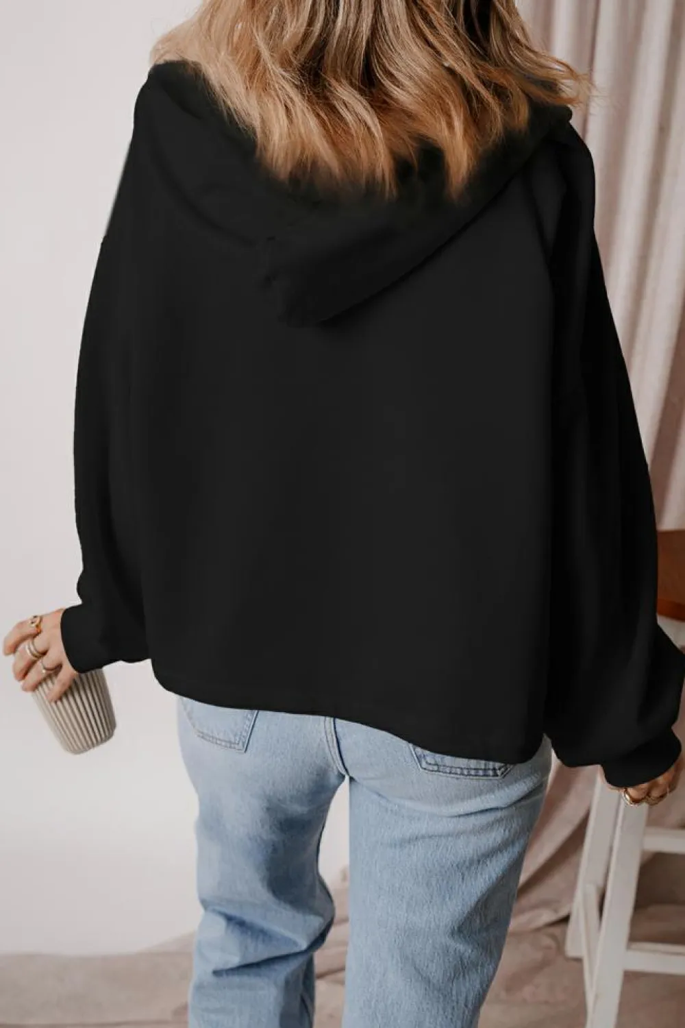 Hot Dear-Lover Fleece Lined Half Zipper Kangaroo Pockets Loose Hoodie Black