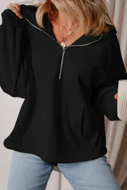 Hot Dear-Lover Fleece Lined Half Zipper Kangaroo Pockets Loose Hoodie Black