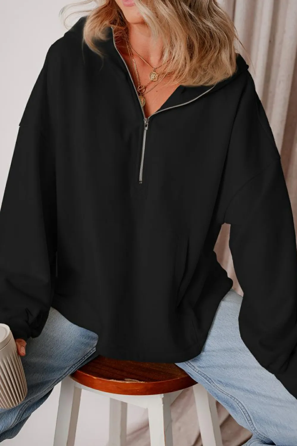 Hot Dear-Lover Fleece Lined Half Zipper Kangaroo Pockets Loose Hoodie Black