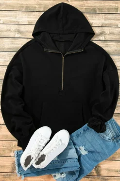Hot Dear-Lover Fleece Lined Half Zipper Kangaroo Pockets Loose Hoodie Black