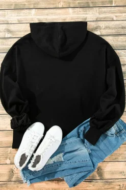 Hot Dear-Lover Fleece Lined Half Zipper Kangaroo Pockets Loose Hoodie Black