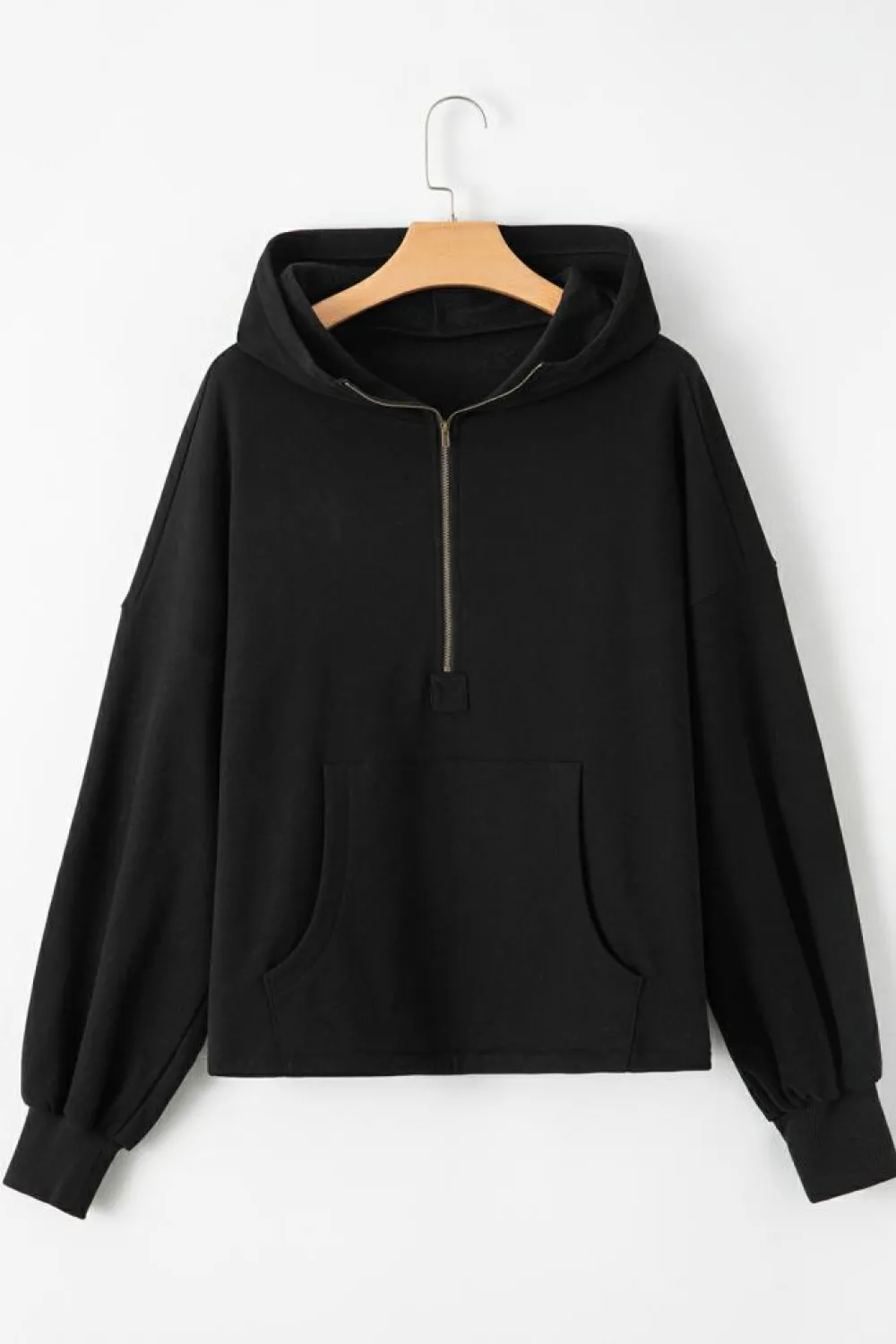 Hot Dear-Lover Fleece Lined Half Zipper Kangaroo Pockets Loose Hoodie Black
