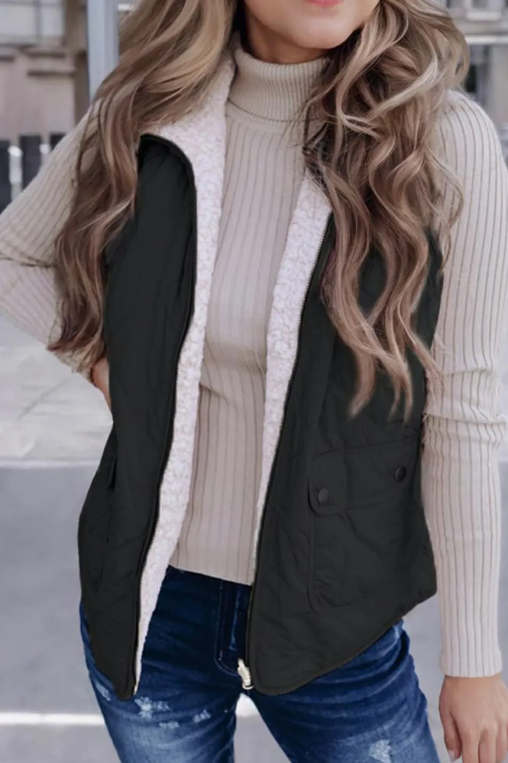 Sale Dear-Lover Fleece Lined Quilted Zip up Vest Coat Black