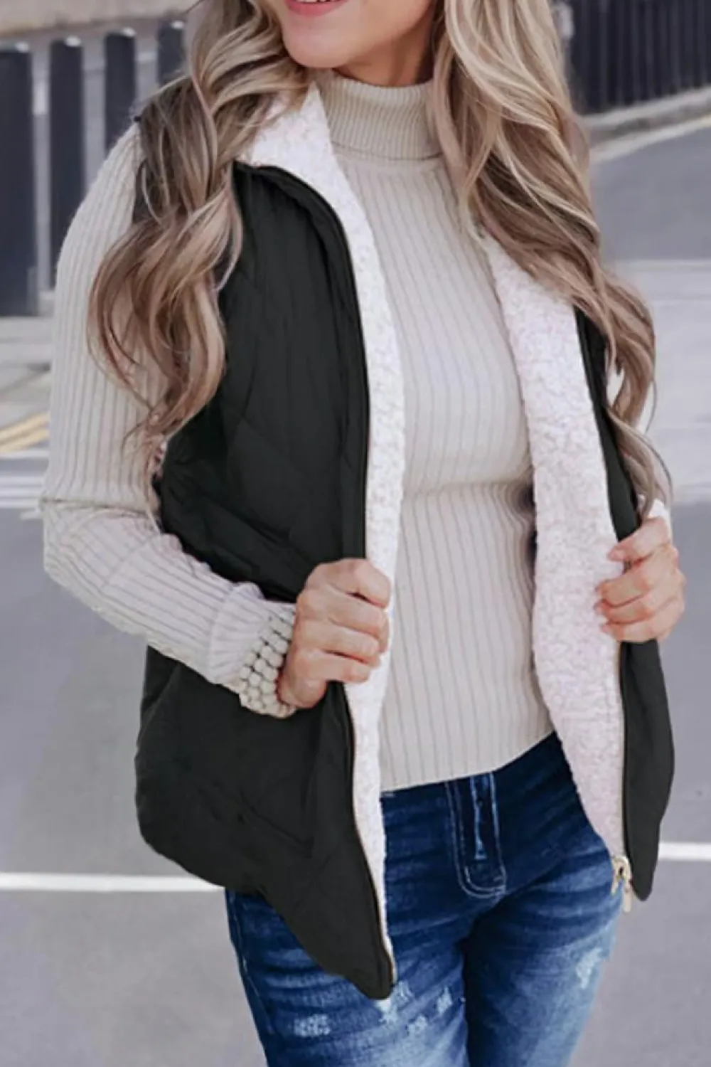 Sale Dear-Lover Fleece Lined Quilted Zip up Vest Coat Black