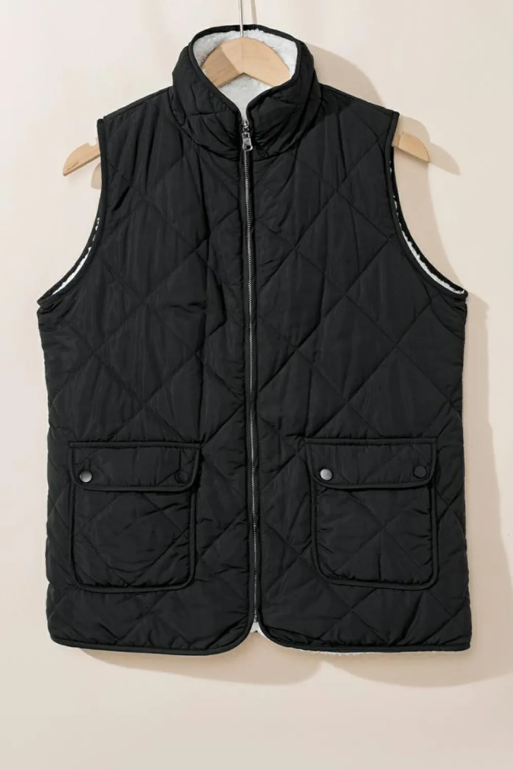 Sale Dear-Lover Fleece Lined Quilted Zip up Vest Coat Black