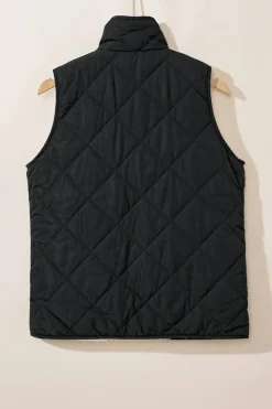 Sale Dear-Lover Fleece Lined Quilted Zip up Vest Coat Black