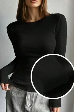 Sale Dear-Lover Fleece Lined Slim Fit Long Sleeve T Shirt Black