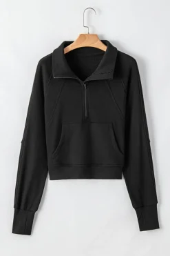 Clearance Dear-Lover Fleece Lined Zip Up Stand Collar Thumbhole Sleeve Sweatshirt Black