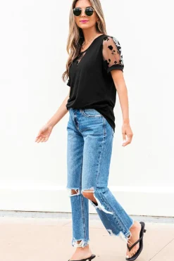 Discount Dear-Lover Flora Lace Patchwork Crew Neck T Shirt Black