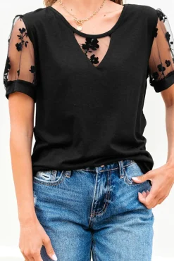 Discount Dear-Lover Flora Lace Patchwork Crew Neck T Shirt Black