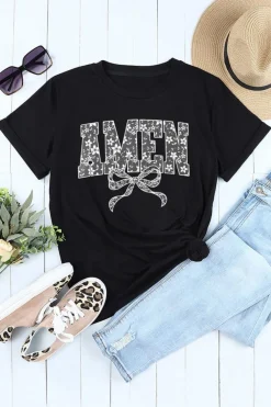 Clearance Dear-Lover Floral AMEN Bow Printed T Shirt Black